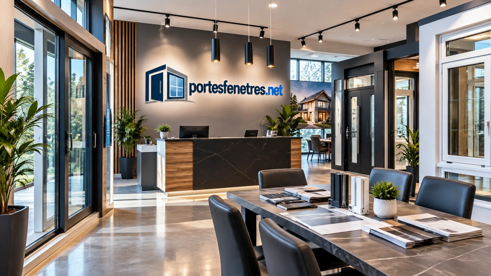 Salle de montre d'une entreprise de portes et fenêtres avec comptoir d'accueil, portes exposées et fenêtres présentées en vitrine