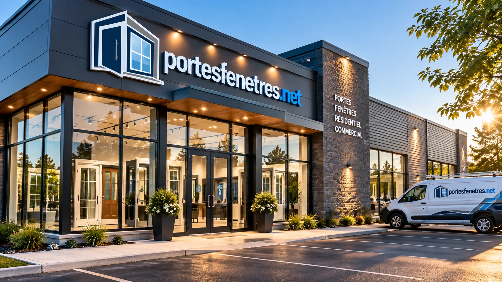 Façade d'un commerce de portes et fenêtres en fin de journée, avec vitrines éclairées et fourgonnette identifiée stationnée devant